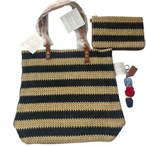 Thirty-One Around Town Tote - Navy Striped Straw 3 pc set pouch and charm NWT